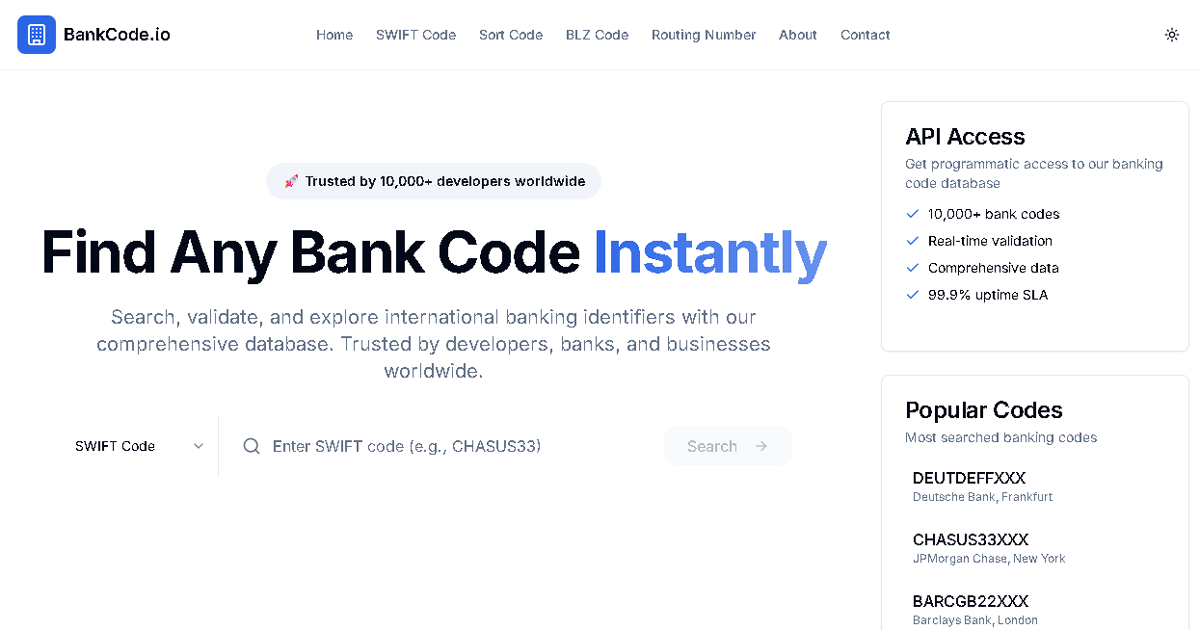 BankCode io Search SWIFT BLZ Sort Codes Routing Numbers BankCode io Search SWIFT BLZ Sort Codes Routing Numbers